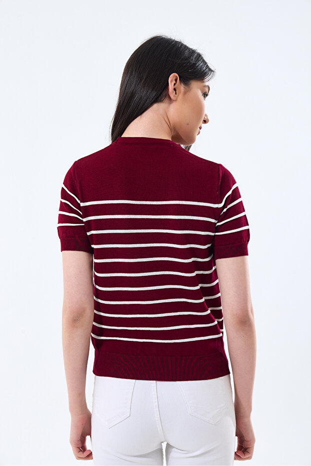 Basıc Kısa Kollu Çizgili Triko Kazak - 4