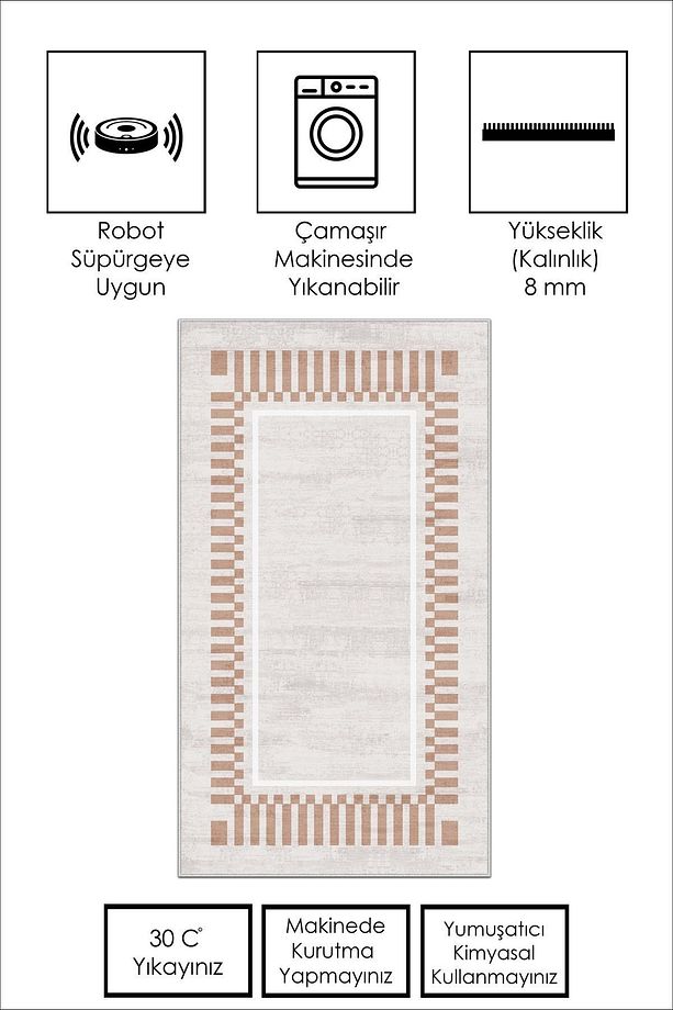 Makinede Yıkanabilir Kaymaz Taban Leke Tutmaz Bej Salon Halısı Mutfak Halısı ve Yolluk - 3