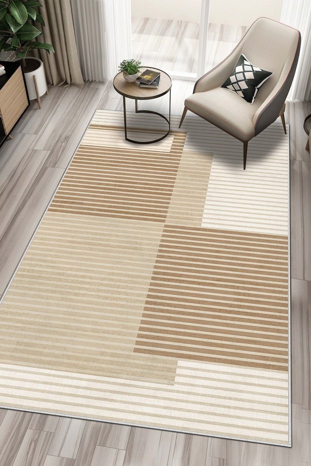 Machine Washable Non-Slip Base Stain-Resistant Beige Striped Living Room Carpet Kitchen Carpet and Runner Rug