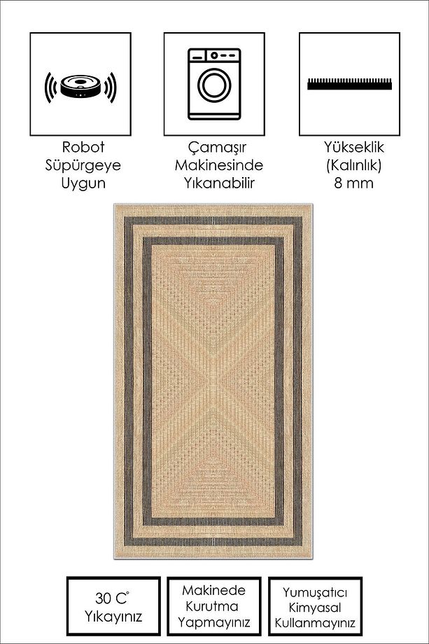 Makinede Yıkanabilir Kaymaz Taban Leke Tutmaz Bej Salon Halısı Mutfak Halısı ve Yolluk - 4
