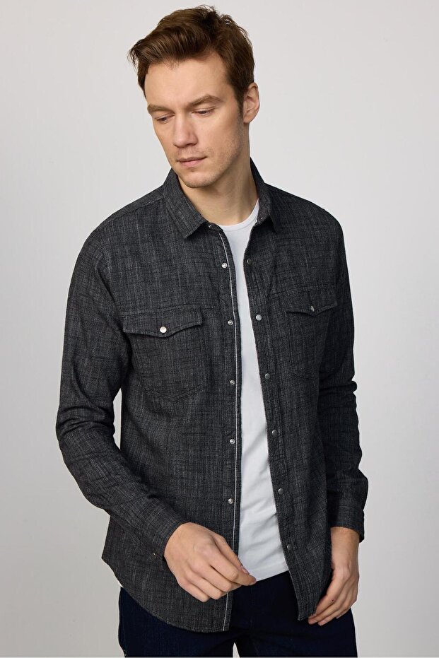 Men's Slim Fit Long sleeve Sleeve %100 Cotton Linen Double Pocket Snap Snap-Fastened Black Shirt