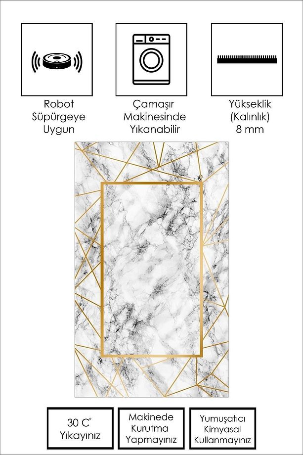 Dijital Baskı Yıkanabilir Kaymaz Taban Gold Salon Halısı Mutfak Halısı Yolluk - 4