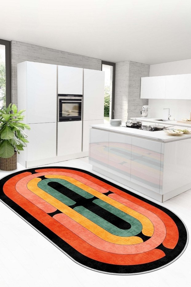 Digital Printing Washable Non-Slip Base Stain Resistant Colorful Oval Kitchen Carpet Living Room Carpet and Floor Mat