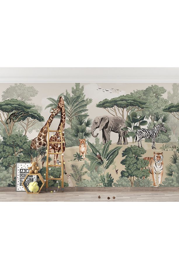 Safari Hayvanları Duvar Kağıdı Orman Desenli Duvar Resmi Çocuk Odası  Duvar Posteri - 2