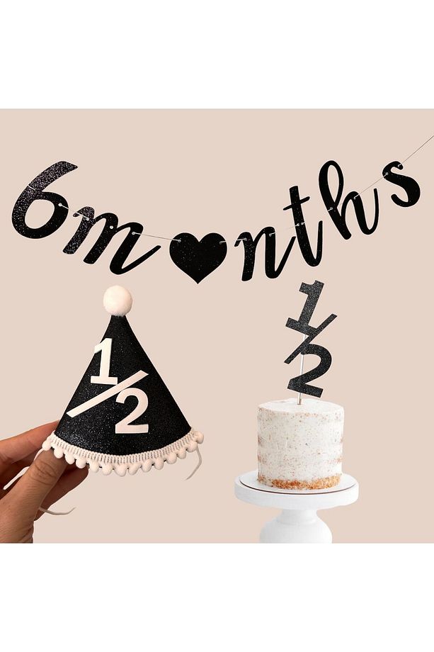 Yarım Yaş 6 months Siyah Simli Şapka Pasta Süsü Duvar yazısı Set - 4