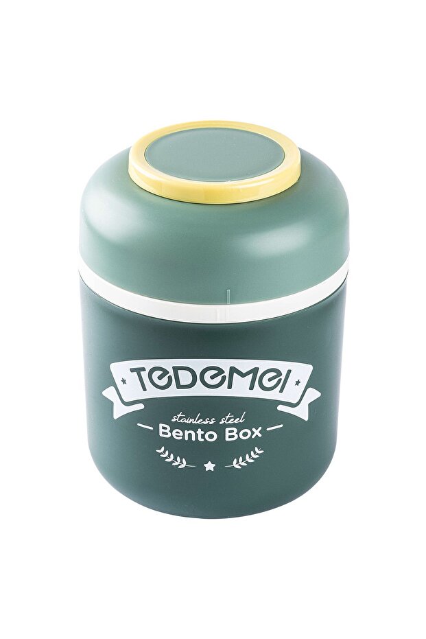 036-01-TEDEMEI GREEN STAINLESS STEEL ROUND BODY CONTAINER WITH SPOON 780ML
