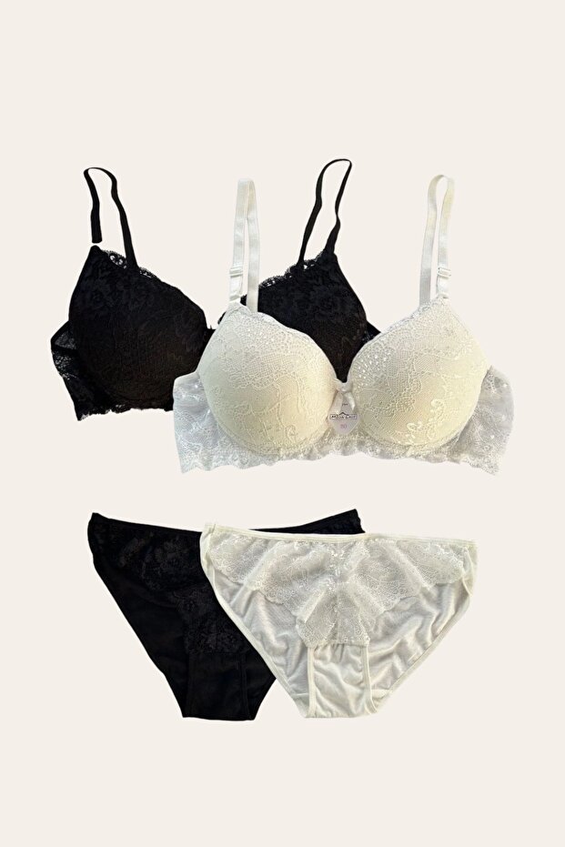 Women's Black Ecru Padded Underwire Bra Set of 2