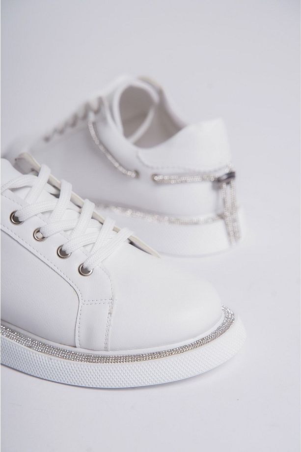 Kadın Günlük Rahat Taban Taşlı Toka Detaylı Sneaker Spor Ayakkabı Beyaz - 2