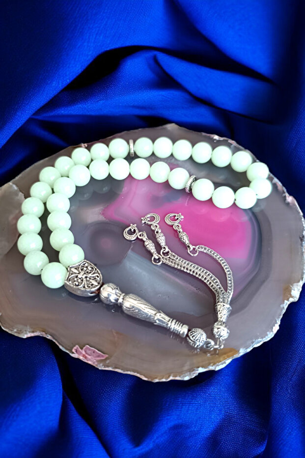 Phosphorescent Stone Prayer Beads, 33 Beads, 10 mm Natural Stone Prayer Beads, Glow-in-the-Dark Stone