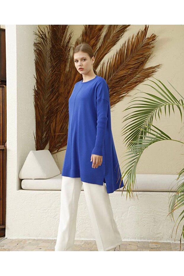 Kadın Merserize Triko Tunik - Mavi - 3