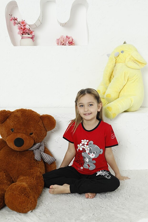 Girl's Short-Sleeved, Six-Long, Crew-Neck, Teddy Bear Printed, Red Color Pajama Set