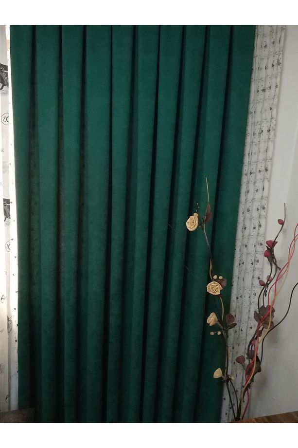 KULLANIMA HAZIR KOYU  YEŞİL SIK PİLELİ 1X3 FON PERDE TEK KANAT 9207 - 3