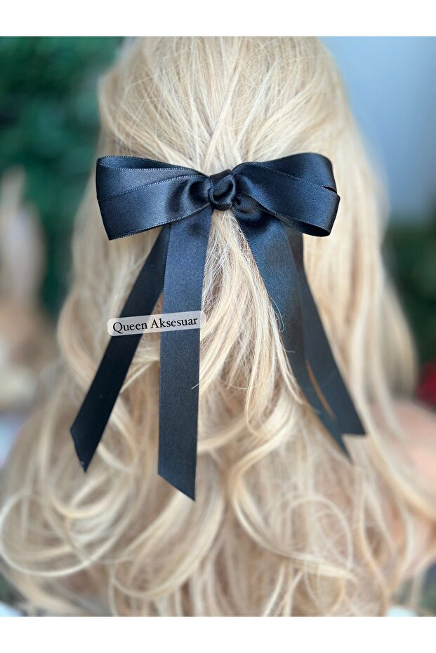 Trendy luxury design layered satin thin ribbon dangling bow with automatic clip buckle, black.