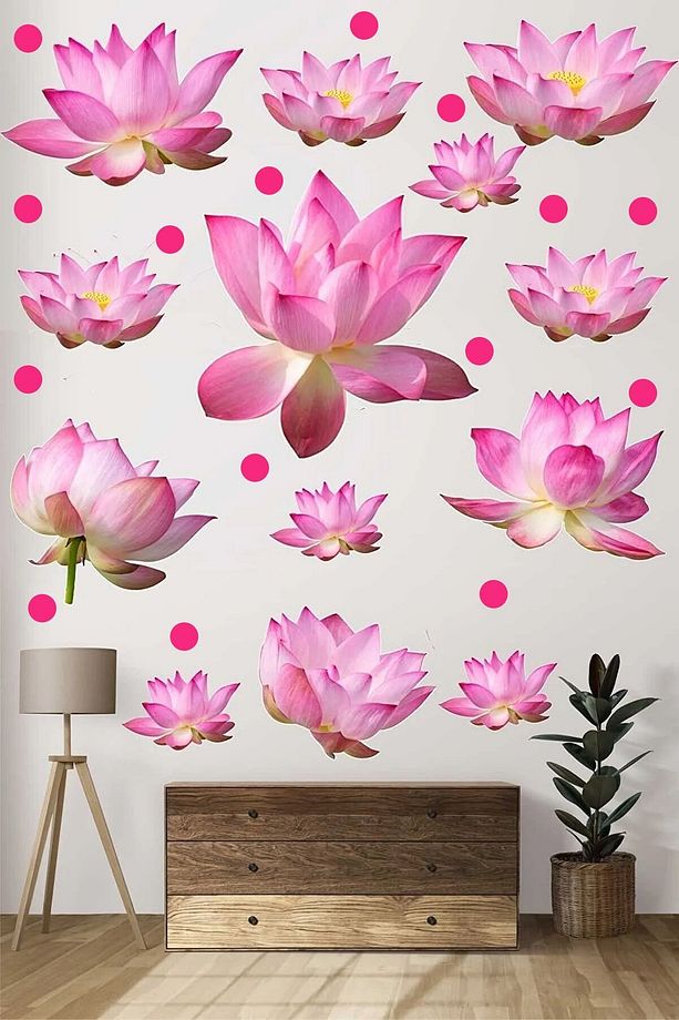 Lotus Çiçekleri Ve Puantiyeler Modern Duvar Sticker Seti - 1