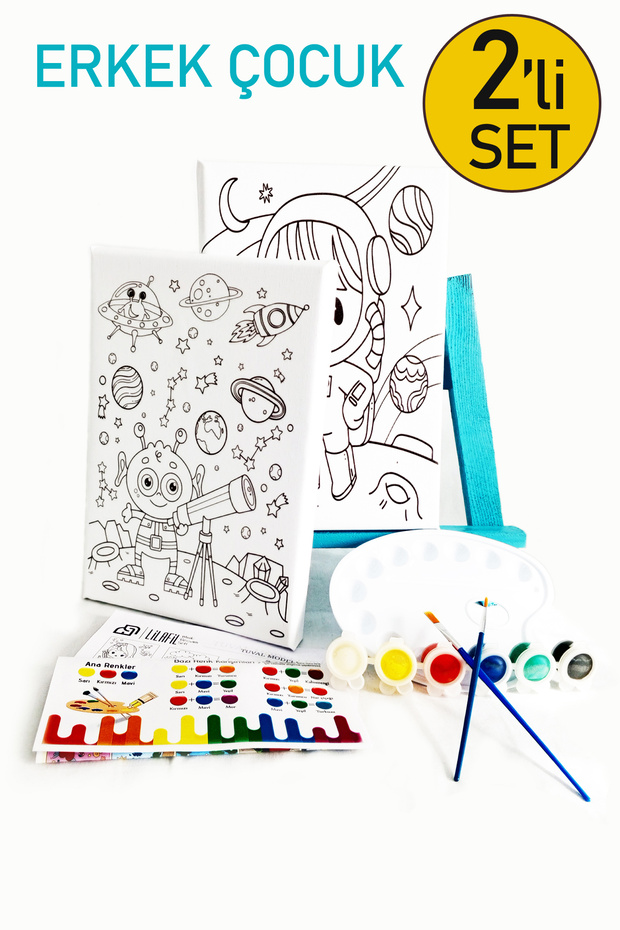 Boy Painter Set of 2 - 2 pcs.Canvas with Prescriptions 20 x 30 cm, 2 Pieces.Brush, Palette, Paint and Easel