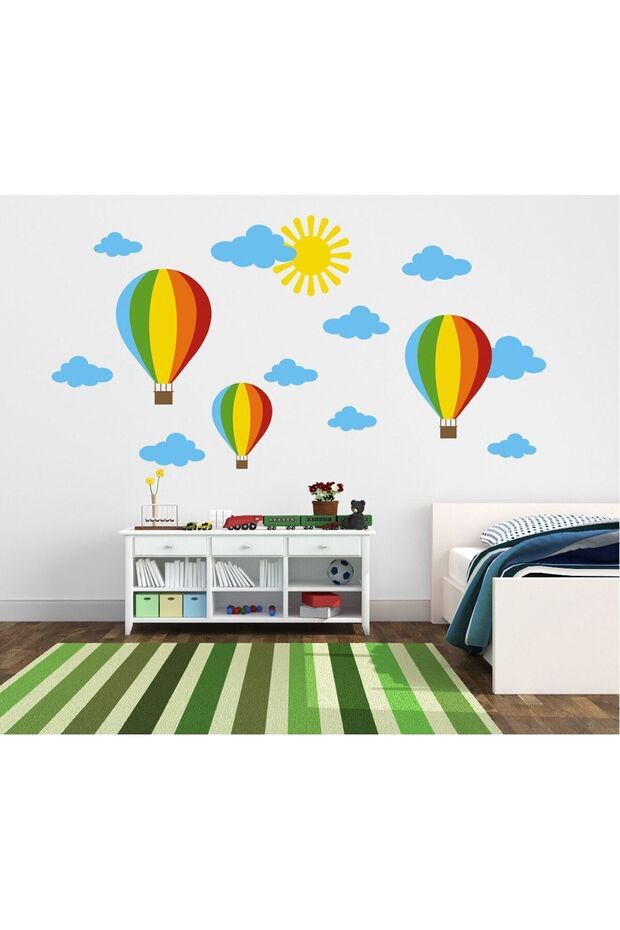 Colorful Flying Balloons, Clouds, Sun Kids Room Wall Sticker