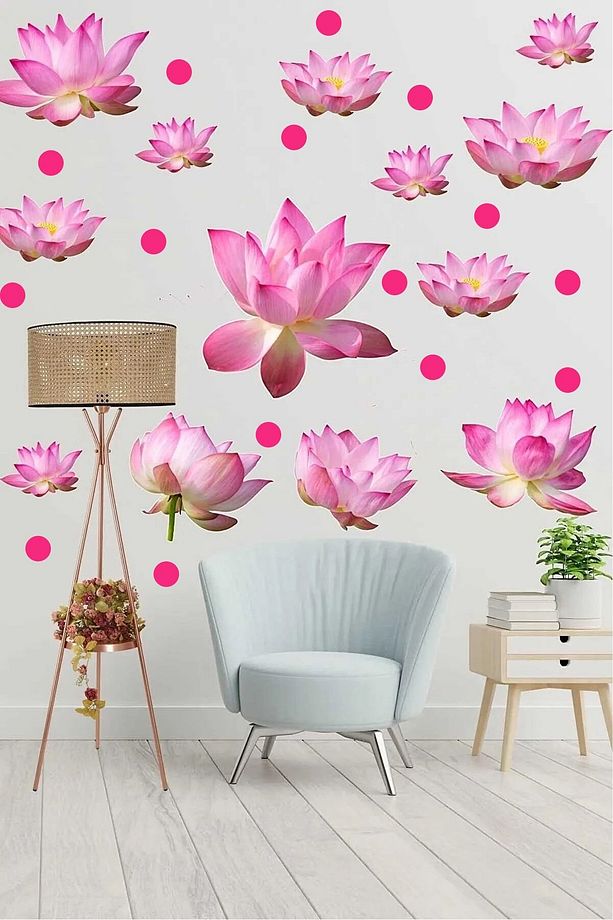 Lotus Çiçekleri Ve Puantiyeler Modern Duvar Sticker Seti - 3