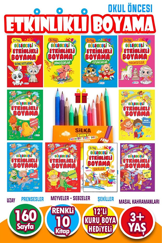 Harika Kitap 12 Adet Kuru Boya Hediyeli 10 Kitaplı Eğitici Ve Etkinlikli Boyama Seti