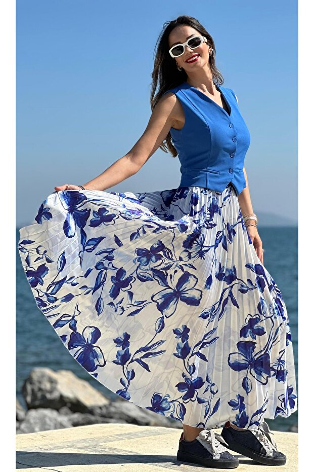 Blue Patterned Pleated Long Skirt on White