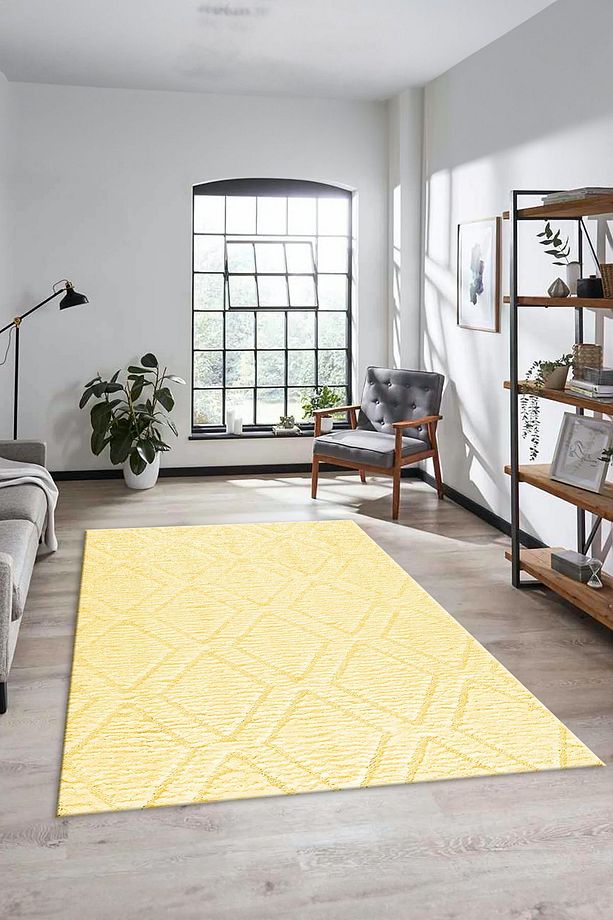 Dijital Baskılı Kaymaz Taban Yıkanabilir Kilim Desen Yolluk Mutfak Salon Halısı, SADE-02-sarı, - 7