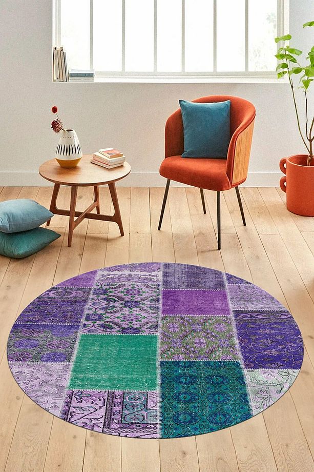 Baskılı Kaymaz Yıkanabilir Patchwork Desen Yuvarlak Mutfak Salon Halısı, Y-PATCHWORK-01-MOR, - 4