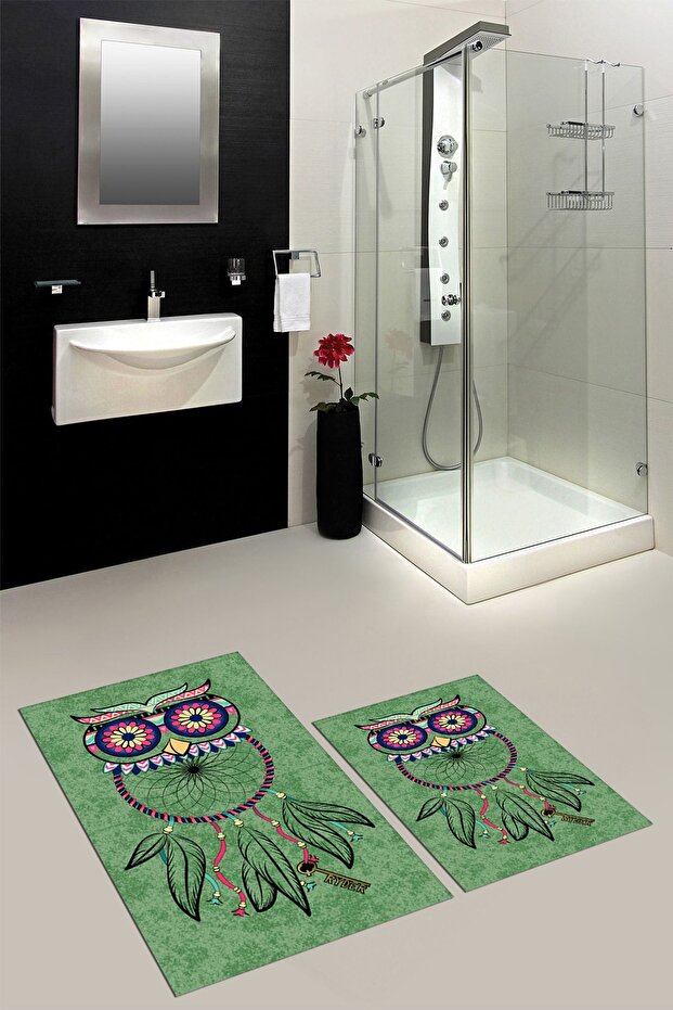 Digital Printed Washable Non-Slip Owl Patterned Double Bathroom Carpet Mat Toilet Set - 1