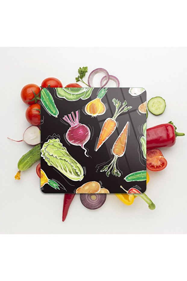 لوح تقطيع زجاجي مربع بنمط الخضار - 1
