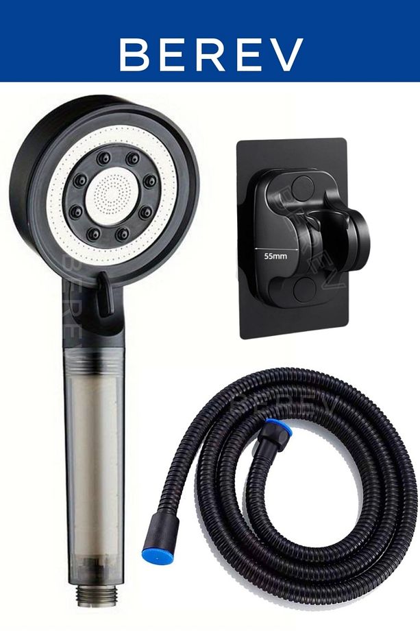 Filtreli 5 Fonksiyonlu Yüksek Basınçlı Ayarlanabilir Duş Başlığı 150 Cm Siyah Hortum Yapışkanlı Duş - 1