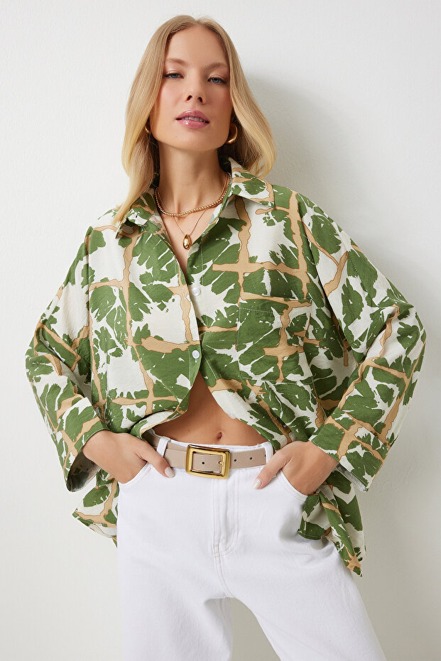 Women's Green Patterned Textured Oversize Ayrobin Viscose Shirt Oh00056