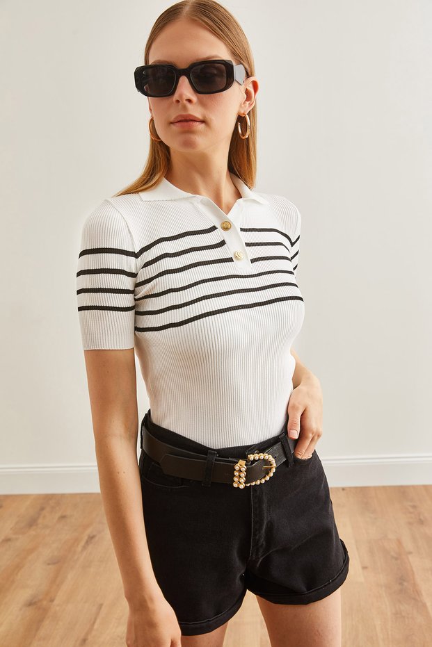 Women's White Striped Polo Neck Stretchy Blouse Blz- 19002651