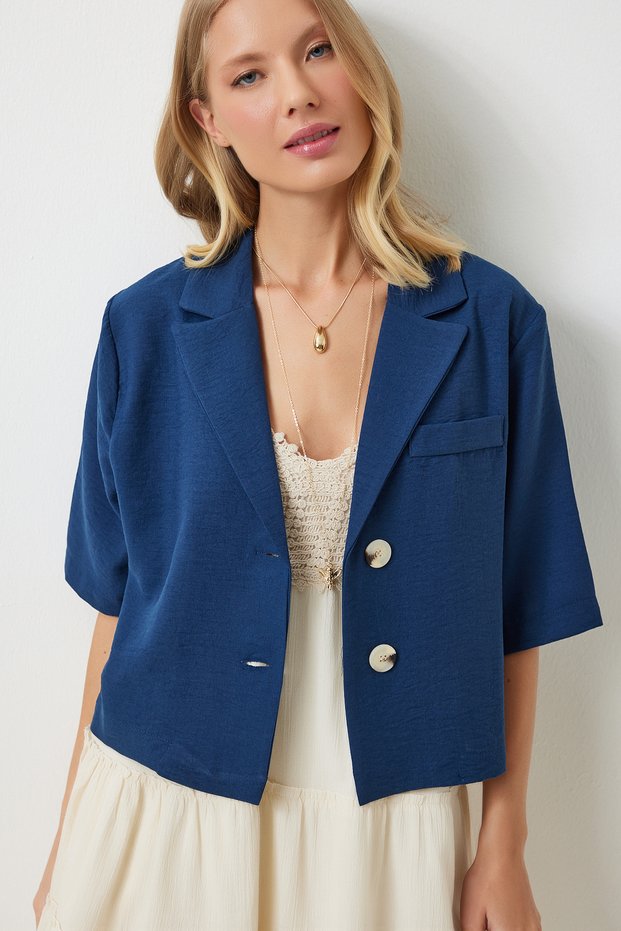 Women's Indigo Blue Shawl Collar Seasonal Linen Ayrobin Shirt Jacket Dd01327