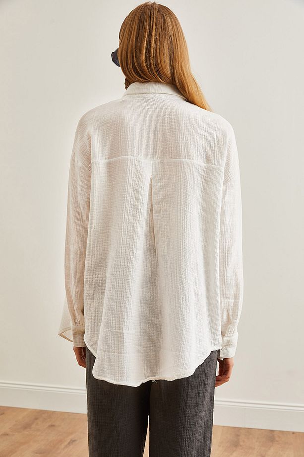 Kadın Ekru Oversize Basic Müslin Gömlek GML-19001217 - 6