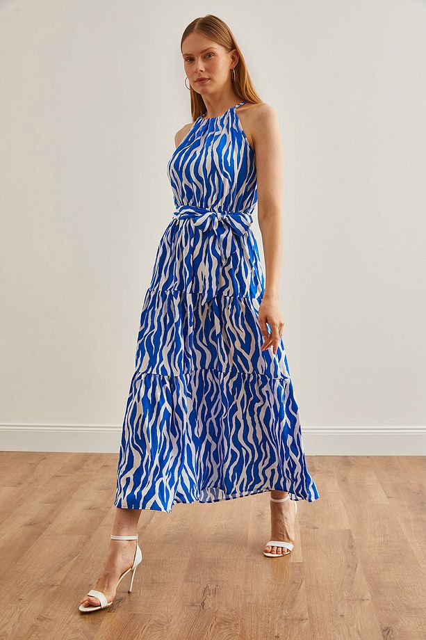Kadın Zebra Saks Mavi Halter Yaka Kuşaklı Dokuma Viscon Elbise ELB-19001548 - 5