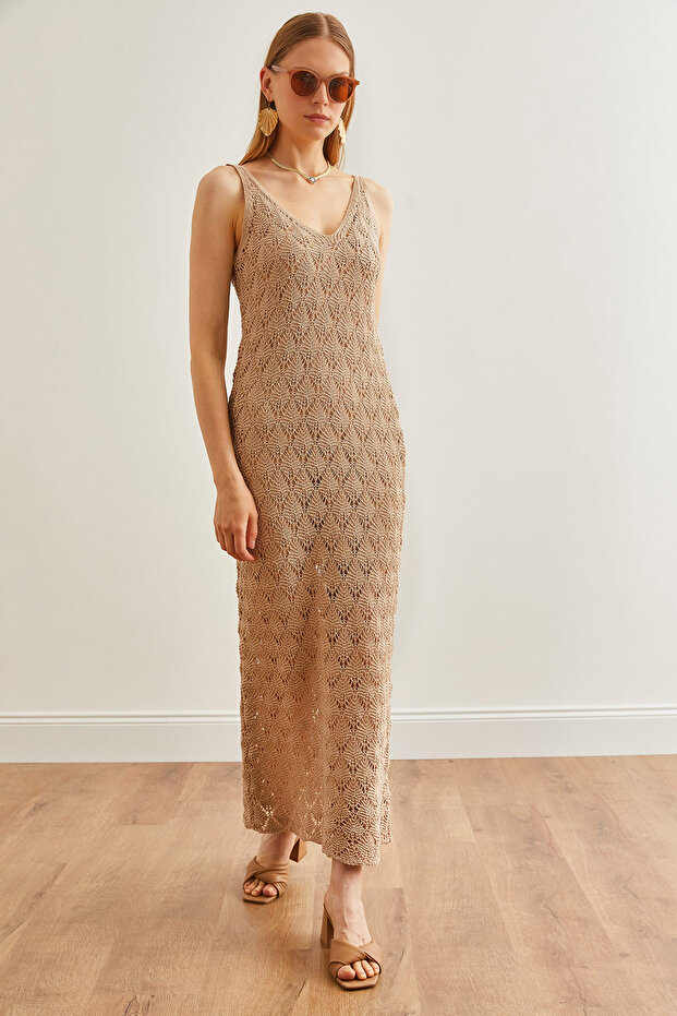 Women's Beige Strap Lined Openwork Knitwear Dress Elb- 19002174