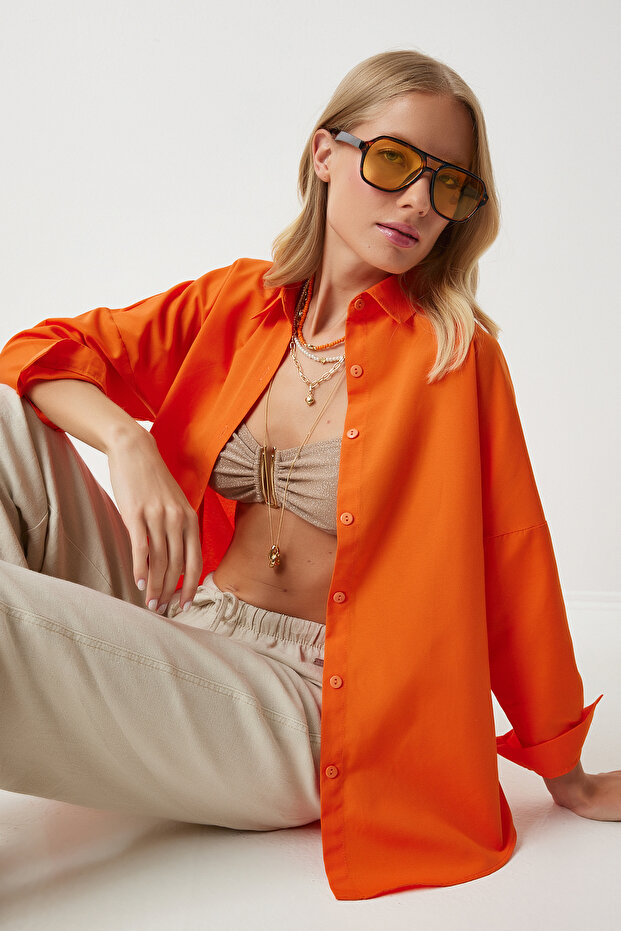 Happiness İstanbul Kadın Oranj Oversize Uzun Basic Gömlek DD00842