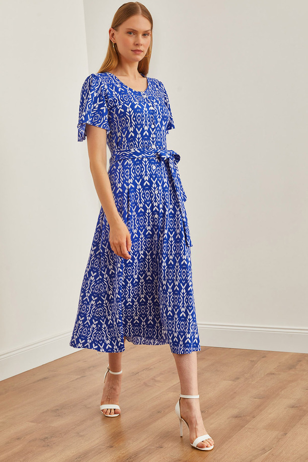 Women's Ethnic Cobalt Blue V-Neck Belted Button Knitted Dress Elb- 19002048