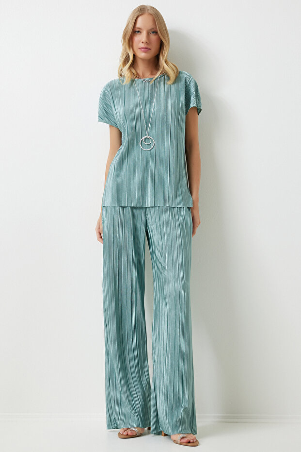 Women's Aqua Green Pleated Casual Blouse Pants Suit Mc00283