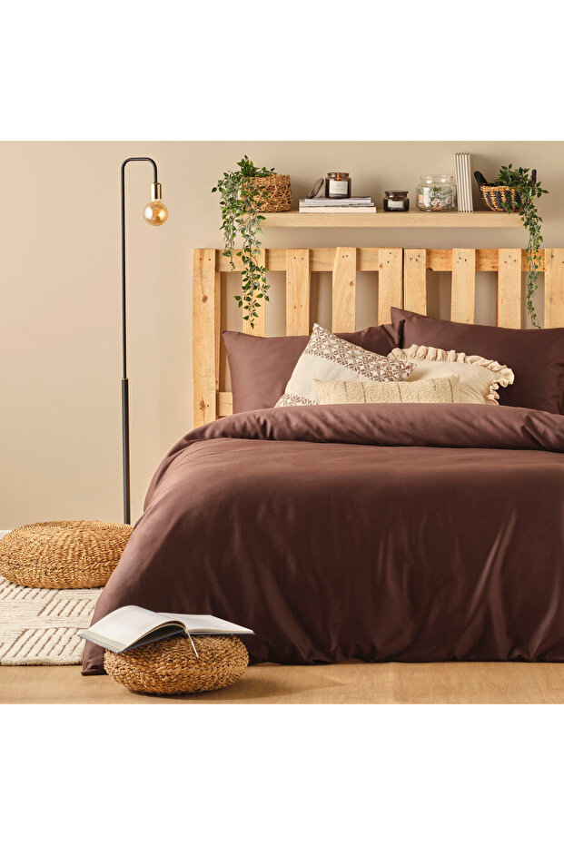 100% Cotton Satin Supreme Basic King Size Duvet Cover Set Brown (240X220 cm)