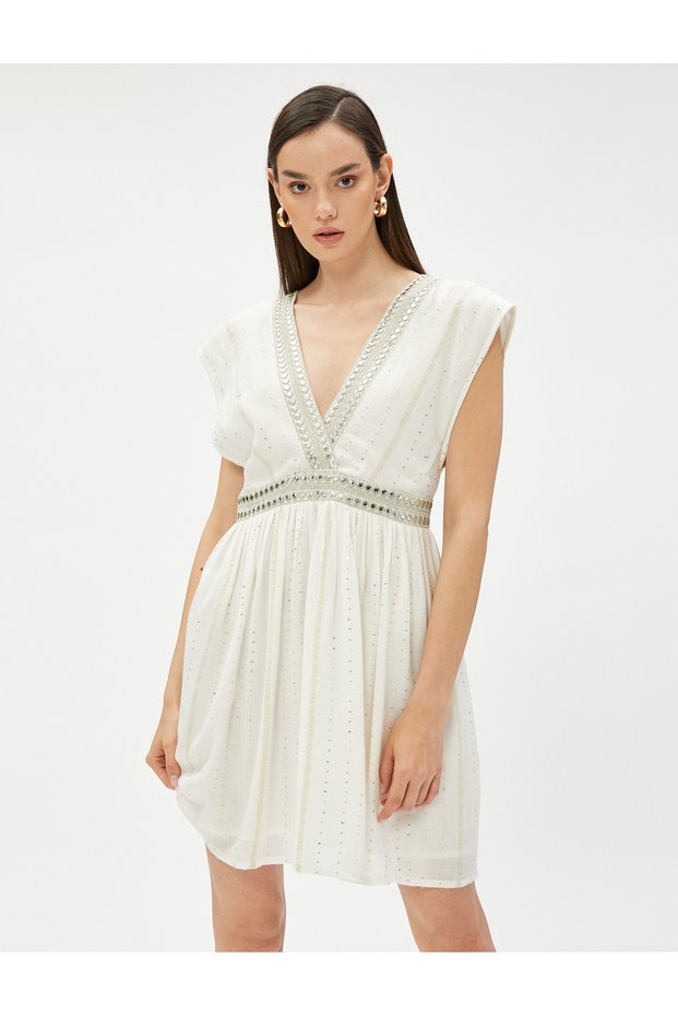 Sleeveless Mini Dress V Neck Jewelled Bow Detail