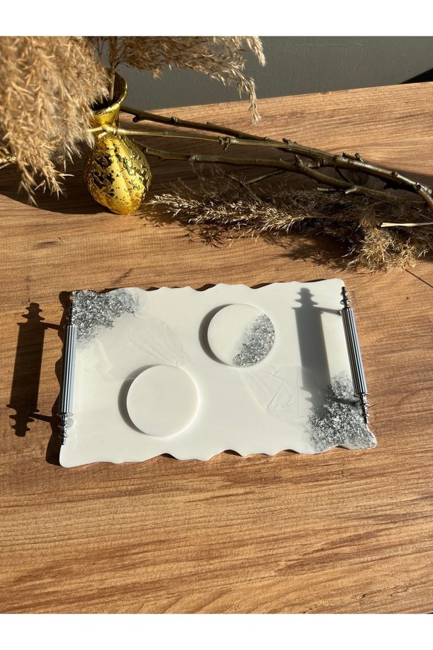 Silver Leaf Wavy Two Person Promise Engagement Groom Epoxy Presentation Tray and Ring Riser Set