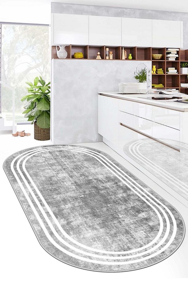 Makinede Yıkanabilir Kaymaz Taban Leke Tutmaz Gri Oval Mutfak Halısı Salon Halısı Ve Yolluk - 1