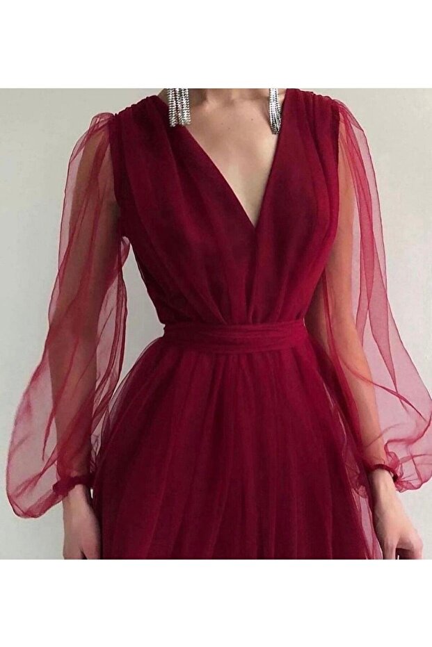 Dream Tulle Princess Midi Length Burgundy Dress
