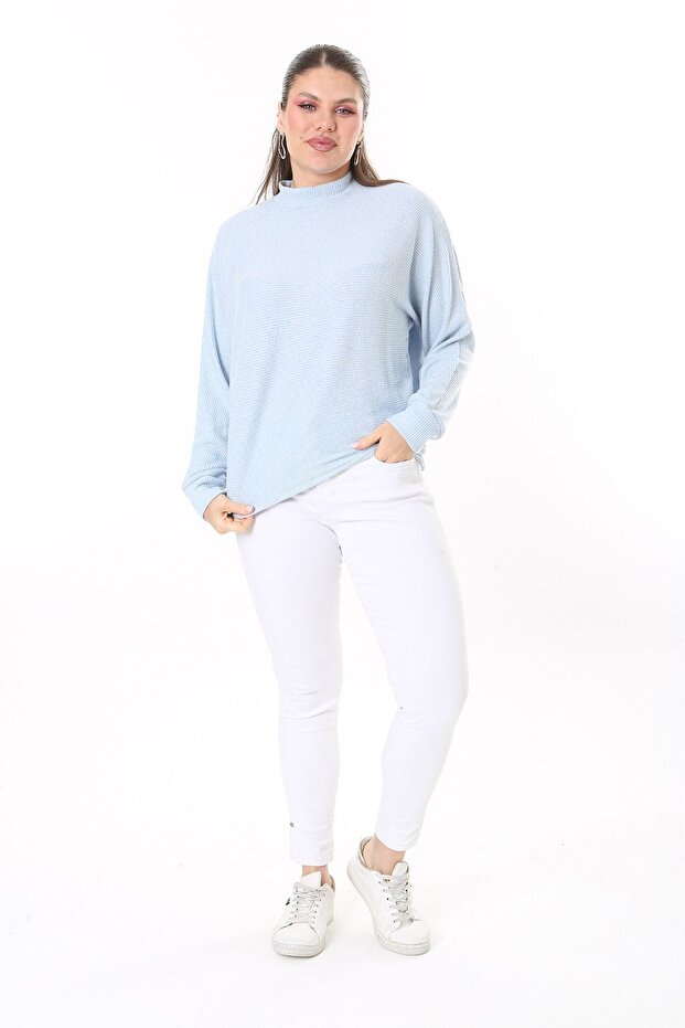 Women's Plus Size Baby Blue Wool Viscose Fabric Bat Sleeve Blouse 65N37703