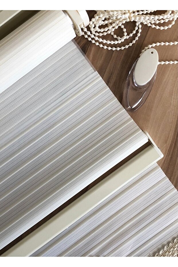 Ekru Boncuklu Pliseli Zebra Stor Perde - 2