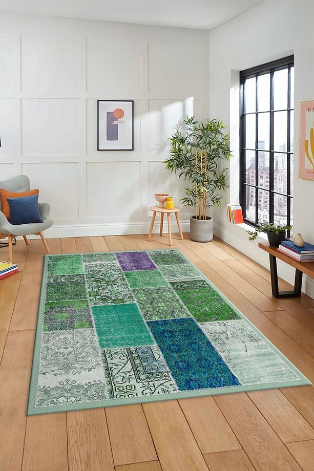 Dijital Kaymaz Taban Yıkanabilir Patchwork Desen Yolluk Mutfak Salon Halısı, PATCHWORK-01-YEŞİL, - 1