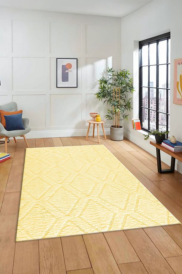 Dijital Baskılı Kaymaz Taban Yıkanabilir Kilim Desen Yolluk Mutfak Salon Halısı, SADE-02-sarı, - 1