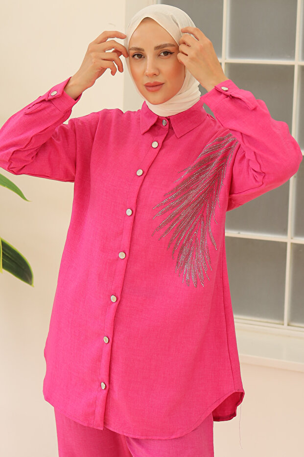 طقم كتان فوشيا 3870 على شكل ورقة شجر - 5