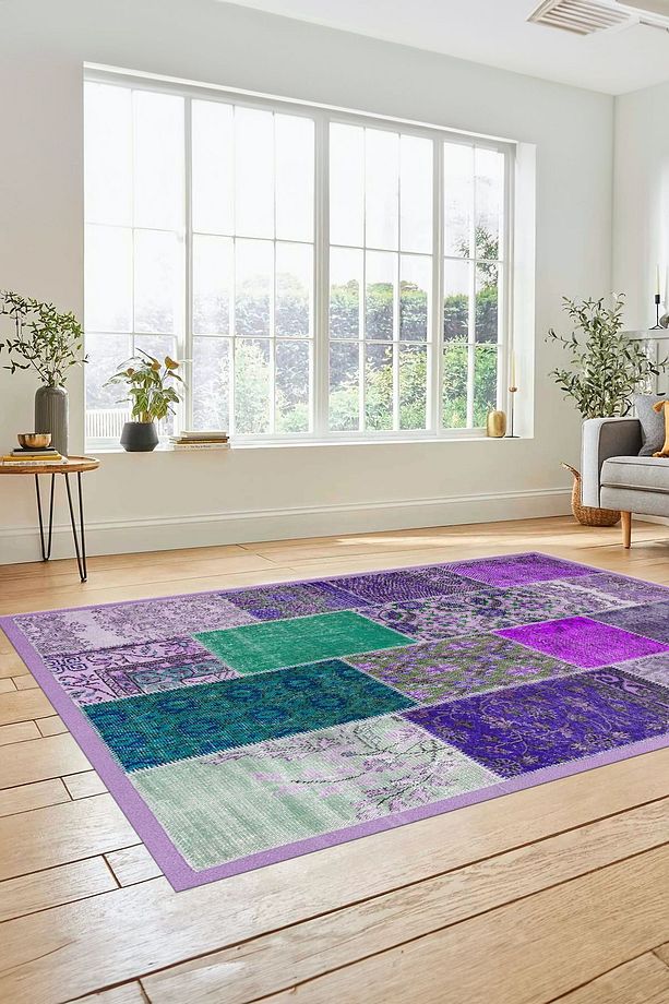Dijital Kaymaz Taban Yıkanabilir Patchwork Desen Yolluk Mutfak Salon Halısı, PATCHWORK-01-MOR, - 7