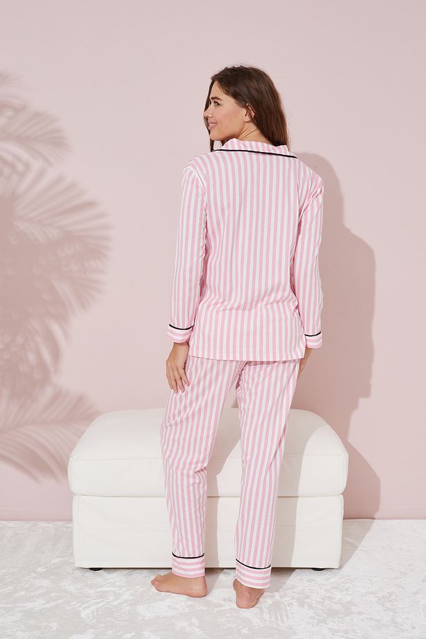 Pembe Beyaz Çizgili Düğmeli Biyeli Örme Pijama Takım - 4