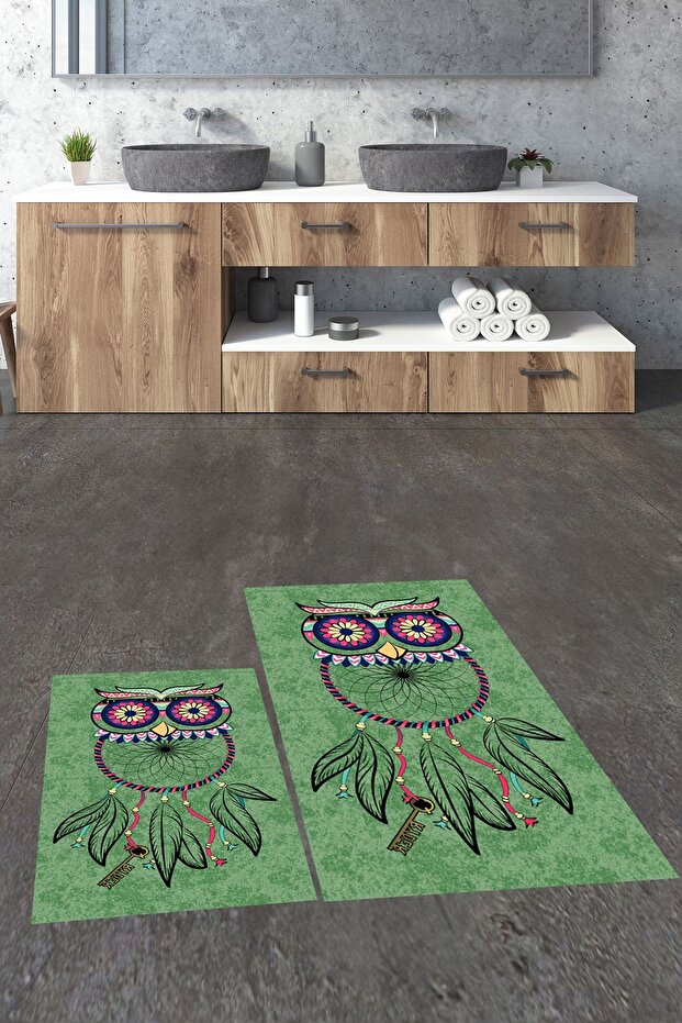 Digital Printed Washable Non-Slip Owl Patterned Double Bathroom Carpet Mat Toilet Set - 3